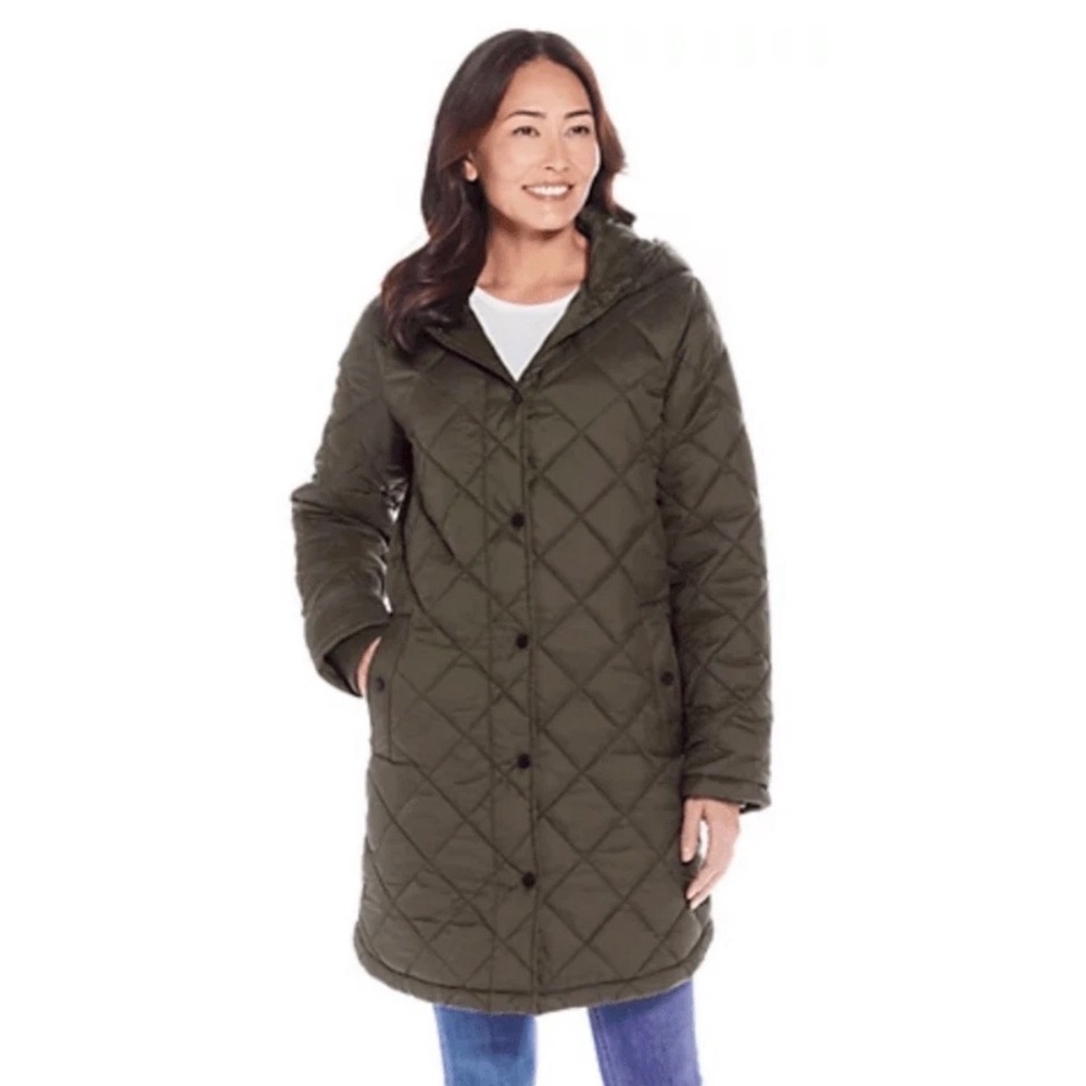 Weatherproof Women Olive Green Diamond Quilted Hooded Parka Jacket Large